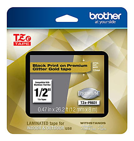 Brother TZe Premium Glitter Laminated Tape, 1/2" x 26-3/16', Black Ink/Gold Tape