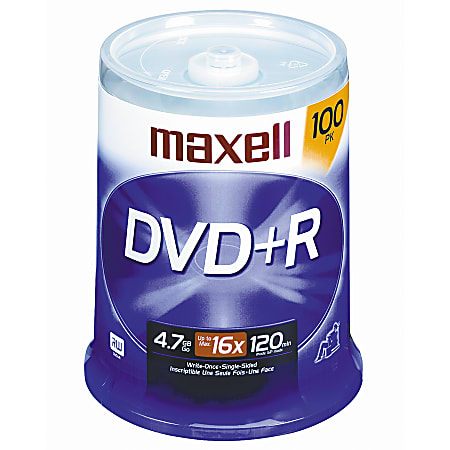 Maxell® DVD+R Recordable Media Spindle, 4.7GB/120 Minutes, Pack Of 100