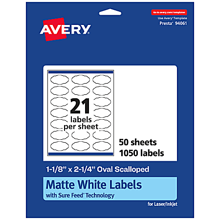 Avery® Permanent Labels With Sure Feed®, 94061-WMP50, Oval Scalloped, 1-1/8" x 2-1/4", White, Pack Of 1,050