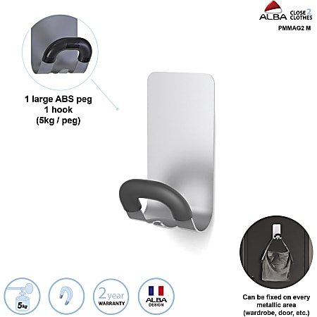 Alba Magnetic Coat Hook - 11.02 lb (5 kg) Capacity - for Coat, Metal, Cabinet, Door, Clothes, Umbrella, Key, Accessories - Acrylonitrile Butadiene Styrene (ABS) - Gray - 24 Carton