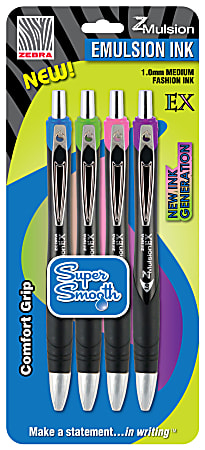 Zebra® Z-Mulsion EX Retractable Pen, Medium Point, 1.0 mm, Black Barrel, Assorted Color Ink, Pack Of 4