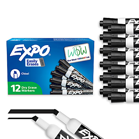 EXPO® Low-Odor Dry-Erase Markers, Chisel Tip, Black, Pack Of 12