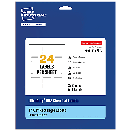 Avery® Ultra Duty® Permanent GHS Chemical Labels, 97178-WMU25, Rectangle, 1" x 2", White, Pack Of 600