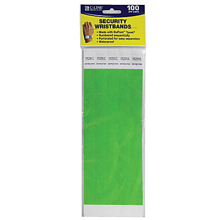 C-Line® DuPont™ Tyvek® Security Wristbands, 3/4" x 10", Green, 100 Wristbands Per Pack, Set Of 2 Packs