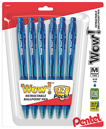 Pentel® WOW!™ Retractable Ballpoint Pens, Medium Point, 1.0 mm, Blue Barrel, Blue Ink, Pack Of 12