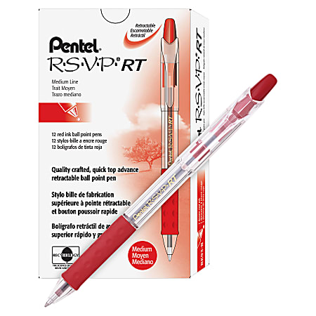 Pentel® R.S.V.P. Retractable Ballpoint Pens, Medium Point, 1.0 mm, Clear Barrel, Red Ink, Pack Of 12 Pens