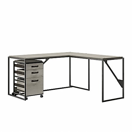Bush Furniture Refinery 62"W L-Shaped Industrial Desk With 3-Drawer Mobile File Cabinet, Cottage White, Standard Delivery