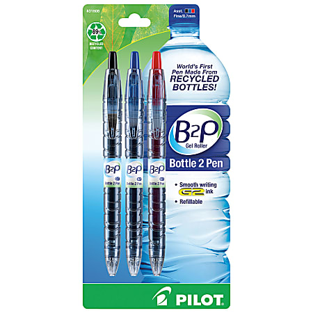 Pilot® "Bottle to Pen" B2P Retractable Gel Pens, Fine Point, 0.7 mm, 89% Recycled, Translucent Barrel, Assorted Ink Colors, Pack Of 3