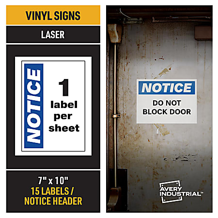 Avery® Industrial Adhesive Vinyl Signs, 61555, Notice Header, 10"W x 7"D, White, Pack Of 15