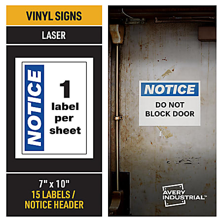 Avery® Industrial Adhesive Vinyl Signs, 61555, Notice Header,