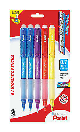 Pentel® Twist-Erase® Express Mechanical Pencils, Medium Point, 0.7 mm, HB Hardness, Assorted Barrel Colors, Pack Of 5