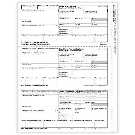 ComplyRight® W-2 Tax Forms, 3-Up (W-Style), Employee’s Copies B, C & 2 Combined, Laser, 8-1/2" x 11", Pack Of 50 Forms