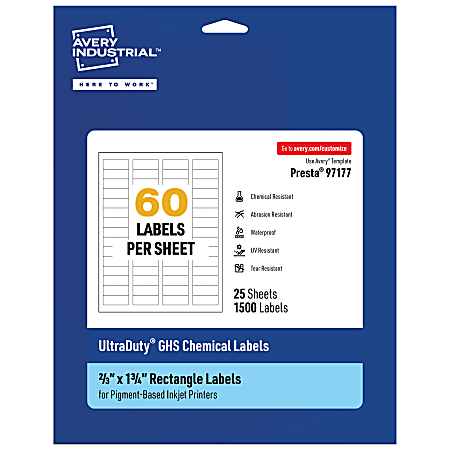 Avery® Ultra Duty® Permanent GHS Chemical Labels, 97177-WMUI25, Rectangle, 2/3" x 1-3/4", White, Pack Of 1,500