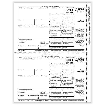 ComplyRight™ 1099-B Tax Forms, 2-Up, Recipient Copy B, Laser, 8-1/2" x 11", Pack Of 100 Forms