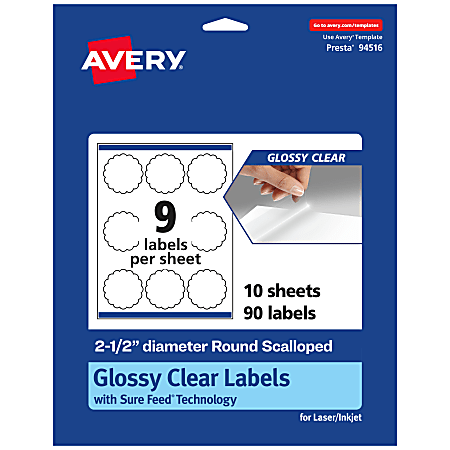 Avery® Glossy Permanent Labels With Sure Feed®, 94516-CGF10, Round Scalloped, 2-1/2" Diameter, Clear, Pack Of 90