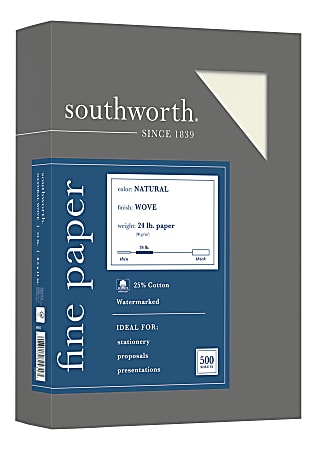 Southworth® 25% Cotton Business Paper, 8 1/2" x 11", 24 Lb, Natural, Box Of 500