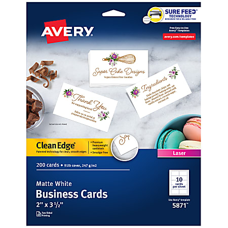 Avery® Clean Edge® Printable Business Cards With Sure Feed® Technology for Laser Printers, 2" x 3.5", White, 200 Blank Cards