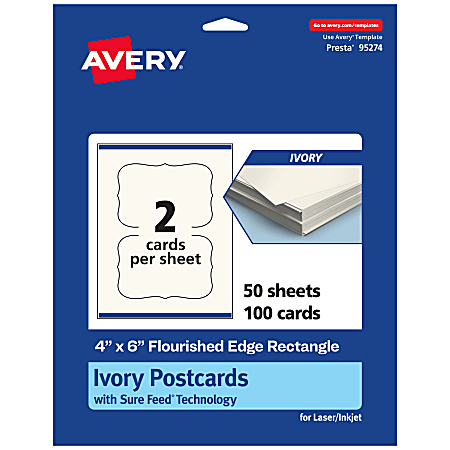 Avery® Printable Postcards With Sure Feed® Technology, 95274-MIC50, Rectangle Flourished Edge, 4" x 6", Matte Ivory, Pack Of 100