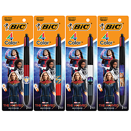 BIC 4 Color Marvel Studios' The Marvels Edition Retractable Ballpoint Pens, Medium Point, 1.0 mm, Black Barrels, Assorted Ink Colors, Pack Of 4 Pens
