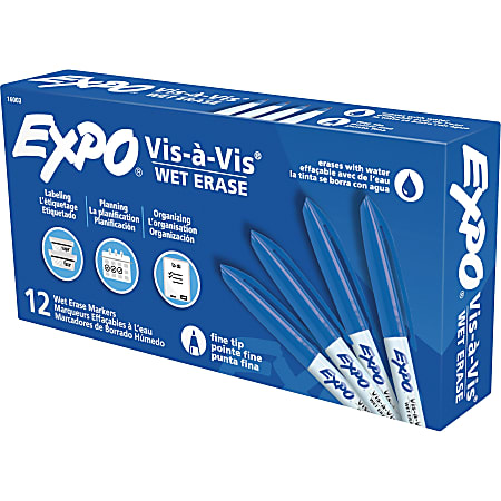 EXPO® Vis-A-Vis® Wet-Erase Fine-Tip Markers, Blue, Box Of 12