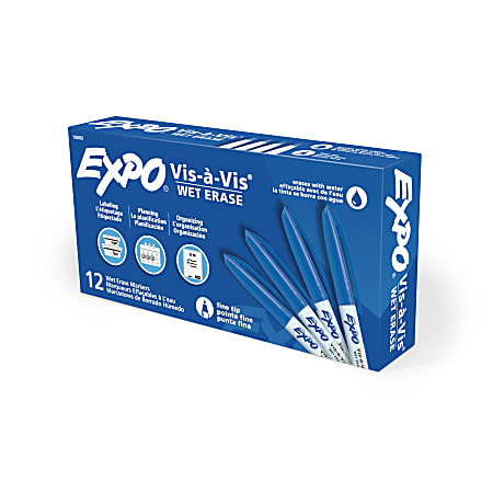 EXPO® Vis-A-Vis® Wet-Erase Fine-Tip Markers, Blue, Box Of 12