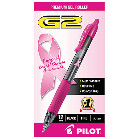 Pilot G2 Retractable Gel Pens, Fine Point, 0.7 mm, Pink Barrels, Black Ink, Pack Of 12