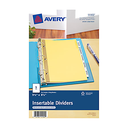 Avery® 30% Recycled WorkSaver® Dividers With Standard Insertable Tabs, 5 1/2" x 8 1/2", 5-Tab, Buff Dividers/Clear Tabs