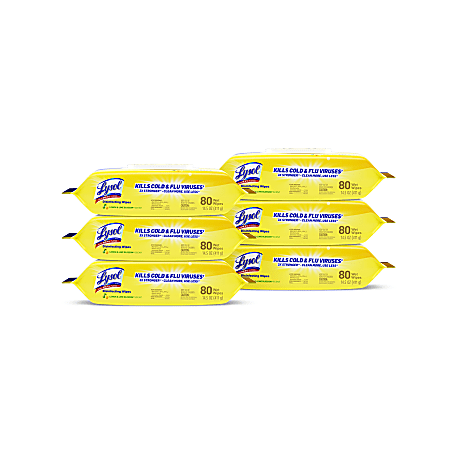 Lysol® Disinfecting Wipes, Lemon And Lime Blossom, 7" x 8", 17.7 Oz, 80 Wipes Per Flat Pack, Carton Of 6 Flat Packs