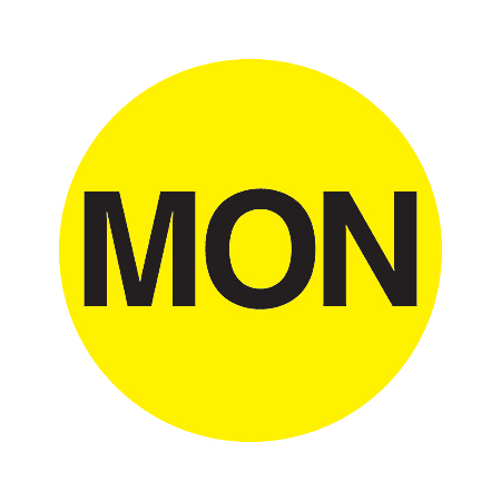Tape Logic® Permanent Inventory Label Roll, DL6501, Weekday-Style, "MON," 1" Diameter, Yellow, Roll Of 500