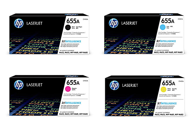 HP 655A 4-Color Black/Cyan/Magenta/Yellow Toner Cartridges, Pack Of 4 Cartridges, HP655ASET-OD