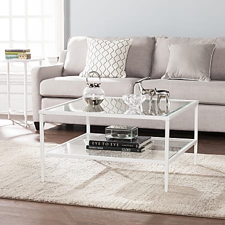 SEI Furniture Keller Square Metal/Glass Open-Shelf Cocktail Table, Rectangular, Clear/White