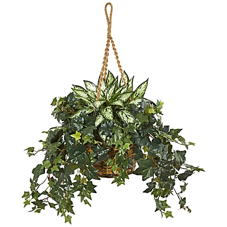 Nearly Natural Silver Queen and Ivy 30”H Artificial Plant With Hanging Basket, 30”H x 27”W x 27”D, Green/Brown