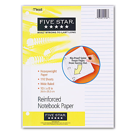 Five Star® Reinforced Filler Paper, 8" x 10 1/2", Wide Ruled, Pack Of 110 Sheets