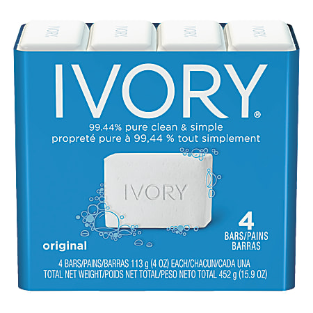 Ivory® Solid Hand Soap, Original Scent, 4 Oz, 4 Bars Per Pack, Case Of 18 Packs
