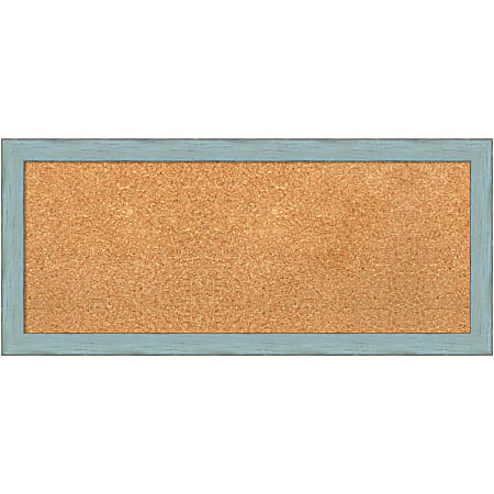 Amanti Art Cork Bulletin Board, 32" x 14", Natural, Sky Blue Rustic Wood Frame