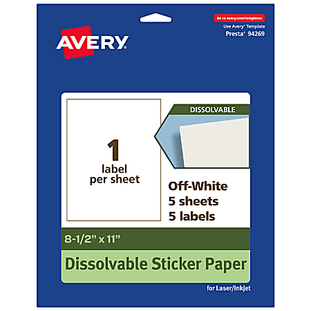 Avery® Dissolvable Labels, 94269-DWMP5, Rectangle, 8-1/2"x11", Matte Off-White, Pack Of 5