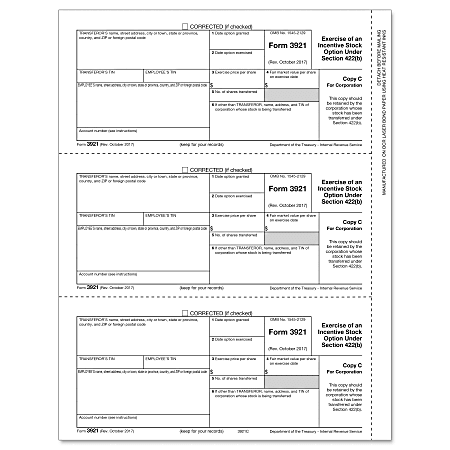 ComplyRight™ 3921 Inkjet/Laser Tax Forms, Corporation Copy C, 8 1/2" x 11", Pack Of 50 Forms