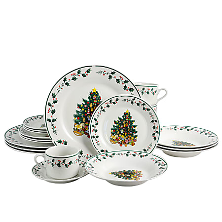 Gibson Home 20-Piece Ceramic Christmas Tree Dinnerware Set, Green