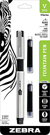 Zebra® Pen V-301 Fountain Pen, Fine Point, 0.7 mm, Silver Barrel, Black