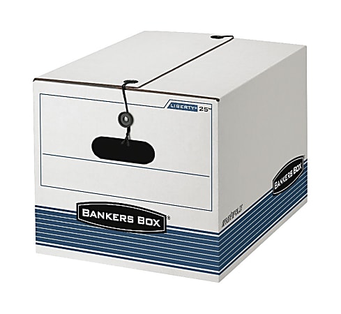 Bankers Box® Stor/File™ Storage File Boxes With String & Button Closures And FastFold® Assembly, Letter/Legal Size, 10-1/4" x 12" x 15.5", White/Blue, Case Of 12