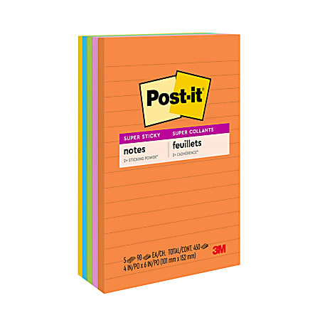 Post-it® Super Sticky Notes, 4 in x 6 in, 5 Pads, 90 Sheets/Pad, Lined, 2x the Sticking Power, Back to School Supplies for Students, Sticky Notes for Textbooks, Notebooks, Walls and Vertical Surfaces, Energy Boost Collection