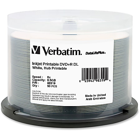 Verbatim® DataLifePlus® DVD+R Printable Disc Spindle, White, Pack Of 50