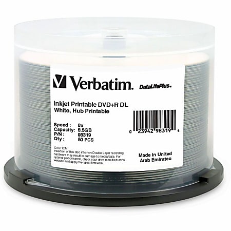 Verbatim® DataLifePlus® DVD+R Printable Disc Spindle, White, Pack Of 50