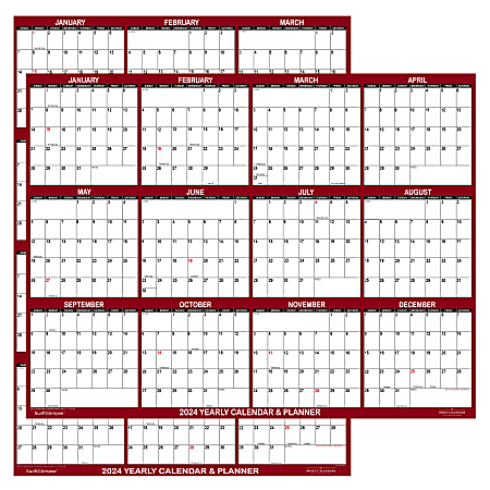 2024 SwiftGlimpse Wet/Dry-Erase Laminated Reversible Yearly Wall Calendar, 36" x 24", Maroon