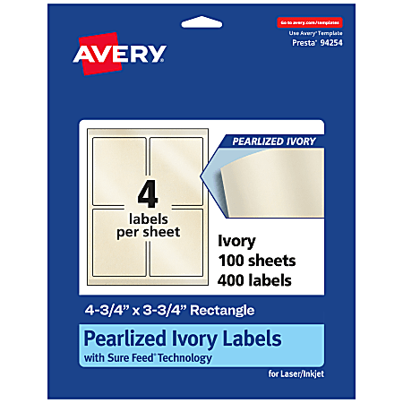 Avery® Pearlized Permanent Labels With Sure Feed®, 94254-PIP100, Rectangle, 4-3/4" x 3-3/4", Ivory, Pack Of 400 Labels