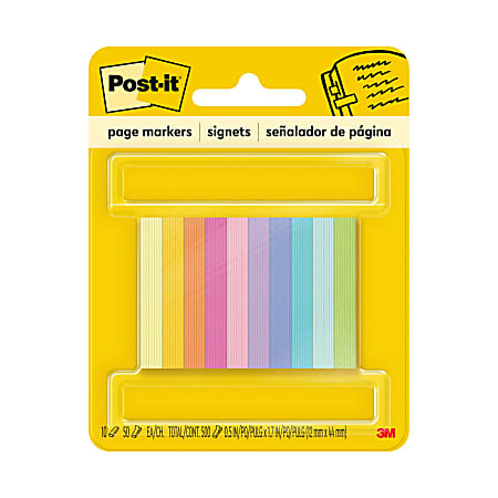 Post-it® Page Markers, 1/2" x 1 3/4", Assorted Bright Colors, 50 Per Pad, Pack Of 10 Pads
