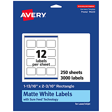 Avery® Permanent Labels With Sure Feed®, 94233-WMP250, Rectangle, 1-13/16" x 2-3/16", White, Pack Of 3,000