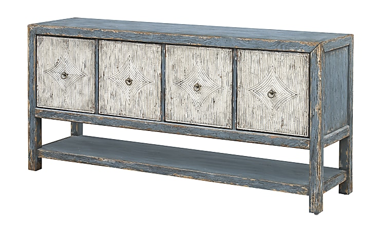 Coast to Coast Sutton 4-Door Storage Credenza/Sideboard With Shelf And Raised Geometric Door Design, 33"H x 69"W x 19"D, Bisman Two Tone Rubbed