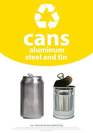 Recycle Across America Aluminum, METAL-1007, Steel And Tin Cans Standardized Recycling Labels, 10" x 7", Yellow