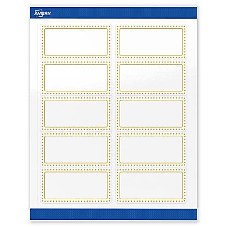 Avery® Printable Labels With Sure Feed® Technology, S00-DJ5-PRWGP10, Rectangle, 2" x 4", Glossy White, Preprinted Gold Border with Gold Dots Design, Pack Of 100